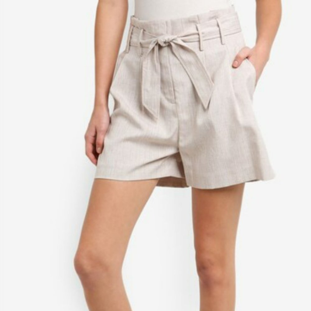 Miss Selfridge Beige Faux Linen High Rise Paperbag Shorts Size US 4